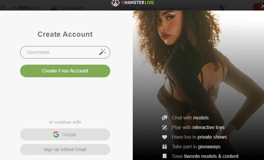 Screenshot xHamsterLive registration form